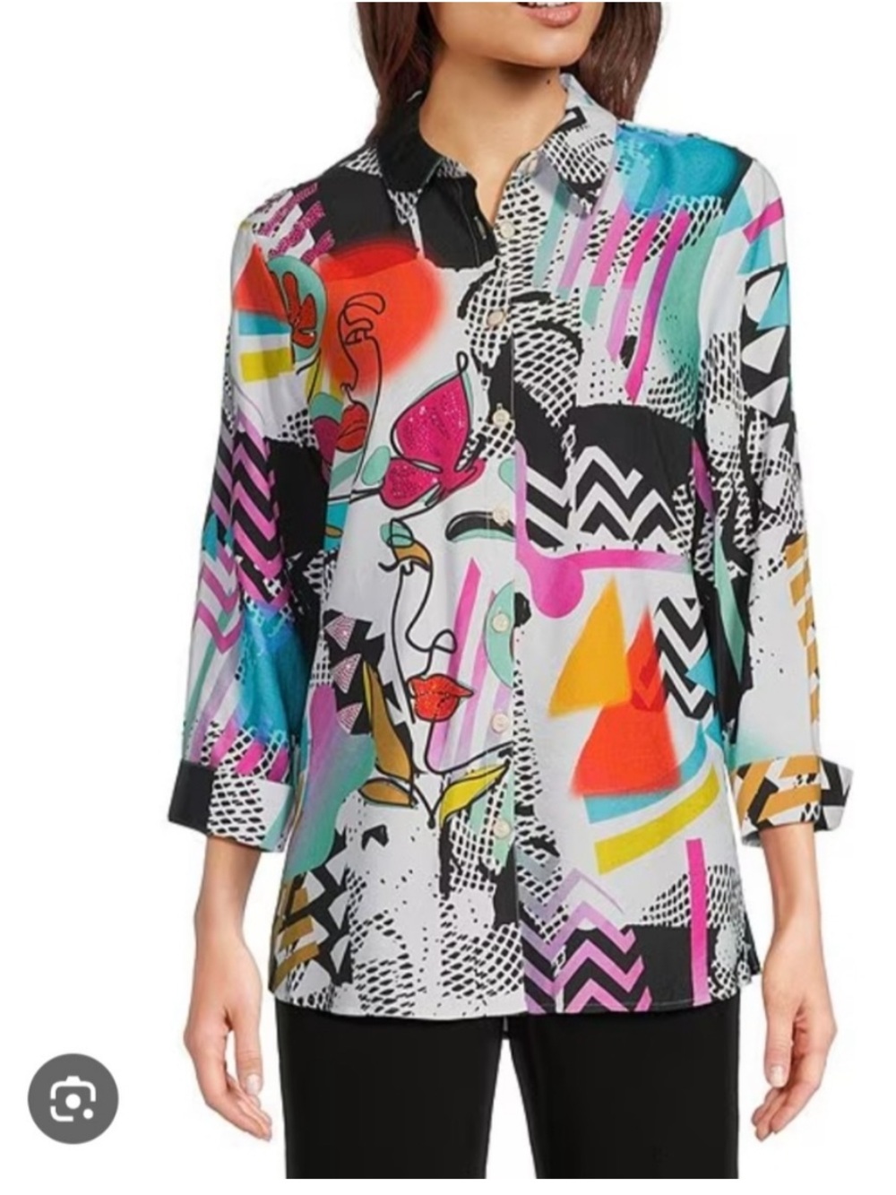 Ali Miles Abstract Pop Art Button Up Embellished Blouse in Multicolor Sz M